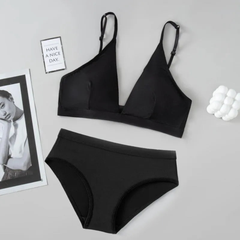 Women Seamless Bras Set Low Rise Panties Nonwire Bra Comfort Bralette Sexy Lingerie Female Push Up Bra Ice Silk Underwear Set