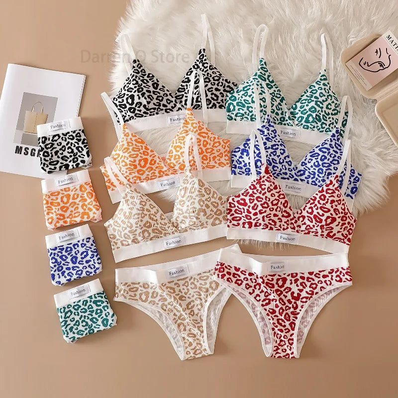 Women Seamless Bra Set Low Waist Panties Leopard Bralette Sexy Lingerie Set Vneck Sport Brassiere Female Cotton Underwear Set
