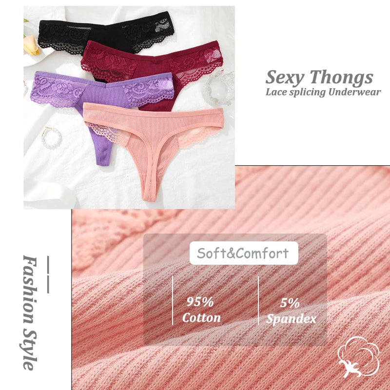3PCS Cotton Lace Panties for Women Low Wasit Sexy Lingerie Female Soft Solid Color Underwear Hollow V Waist G-String Thongs S-XL