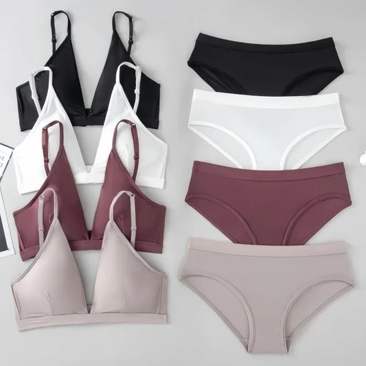 Women Seamless Bras Set Low Rise Panties Nonwire Bra Comfort Bralette Sexy Lingerie Female Push Up Bra Ice Silk Underwear Set