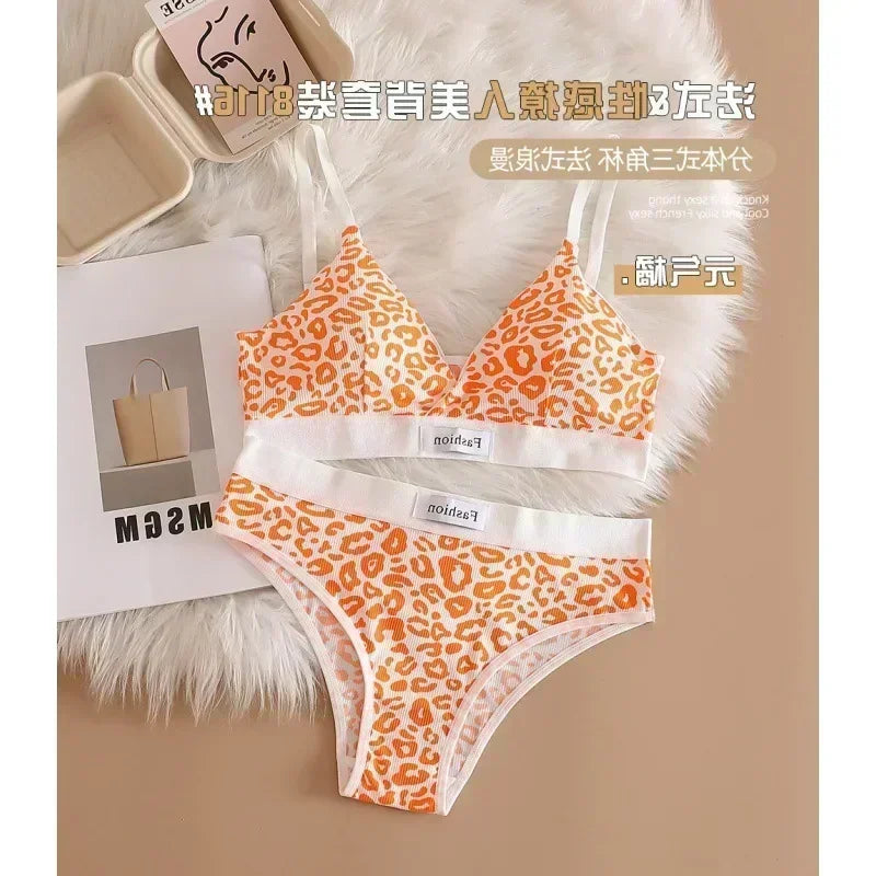 Women Seamless Bra Set Low Waist Panties Leopard Bralette Sexy Lingerie Set Vneck Sport Brassiere Female Cotton Underwear Set