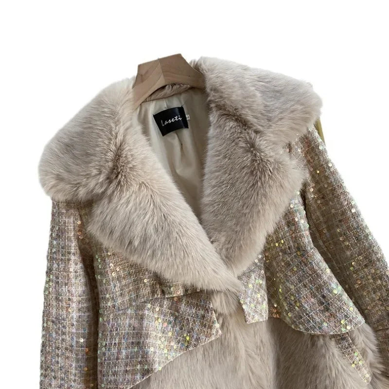 New Sequined Wool Fur Jacket Women Fashion Fur Integrated Coat Heavy Industry Loose Korean Version Winter Jacket Women