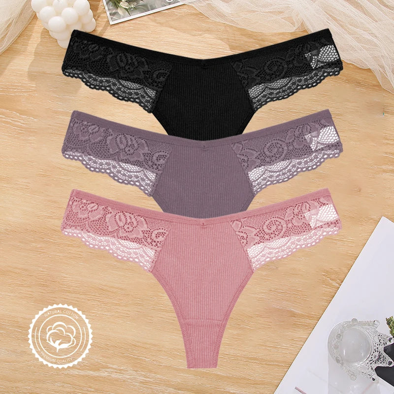 3PCS Cotton Lace Panties for Women Low Wasit Sexy Lingerie Female Soft Solid Color Underwear Hollow V Waist G-String Thongs S-XL