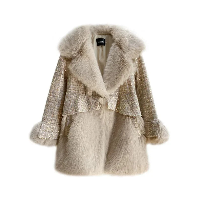 New Sequined Wool Fur Jacket Women Fashion Fur Integrated Coat Heavy Industry Loose Korean Version Winter Jacket Women