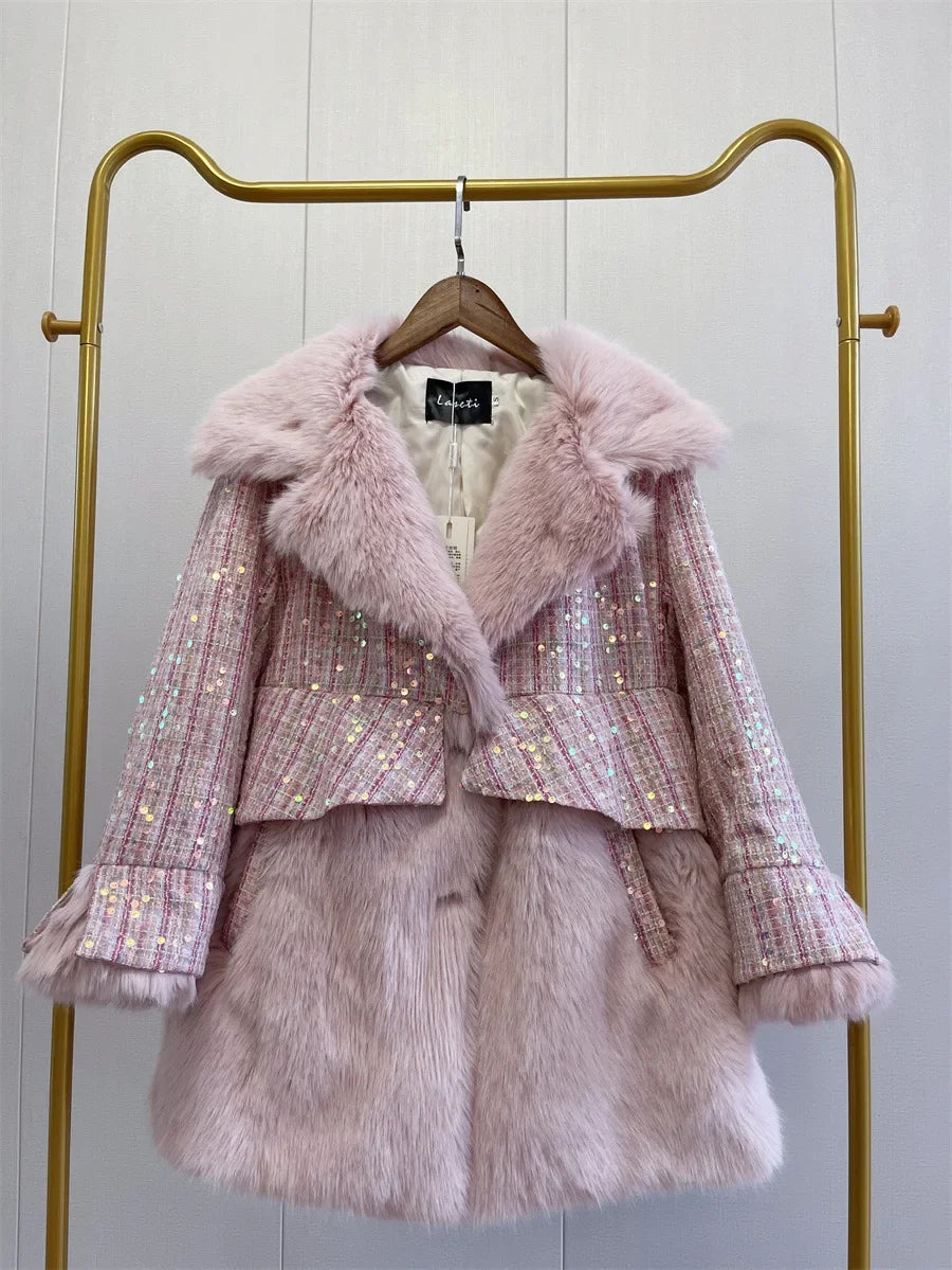 New Sequined Wool Fur Jacket Women Fashion Fur Integrated Coat Heavy Industry Loose Korean Version Winter Jacket Women