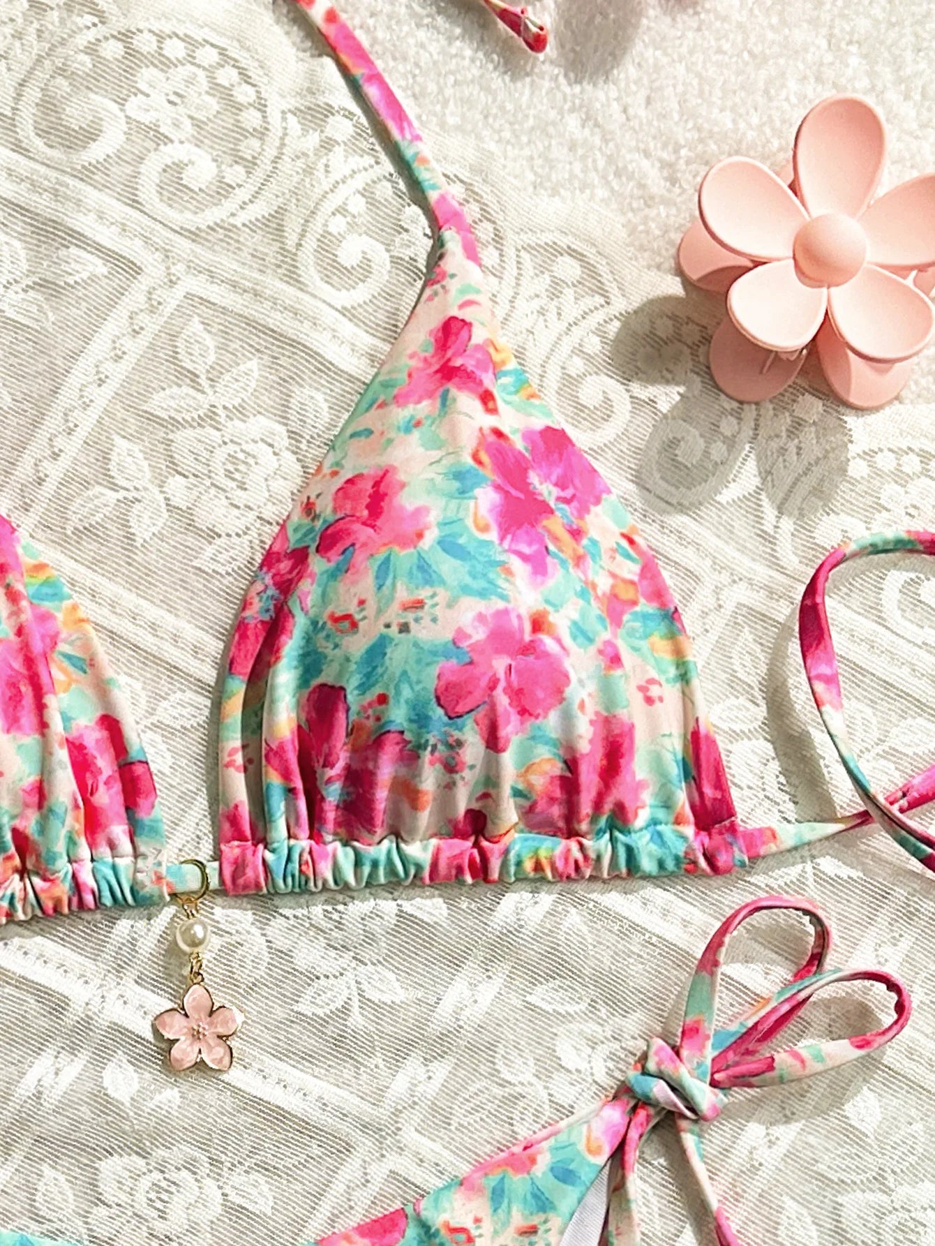 2025 New Women's Bikini Set Pink Floral Print 2 Piece Swimsuit Sexy Triangle Push Up Halter Backless Swimwear Beach Bathing Suit