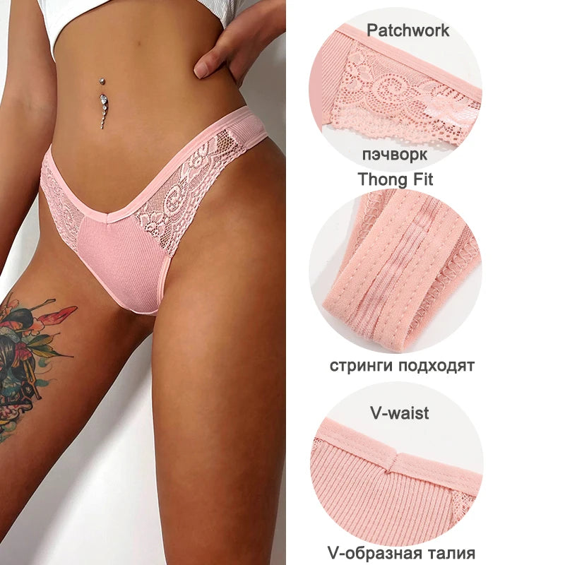 3PCS Cotton Lace Panties for Women Low Wasit Sexy Lingerie Female Soft Solid Color Underwear Hollow V Waist G-String Thongs S-XL