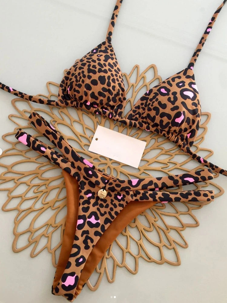 OIINAA Bikini Set Women Swimsuit Two-Piece Chic Cheetah Print Female Sexy Swimwear Lace Up Bathing Summer 2025 Fashion Beachwear