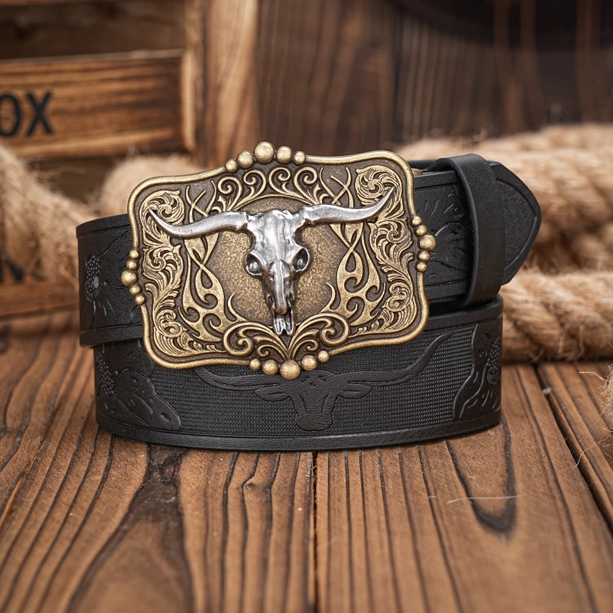 Western Cowboy PU Leather Belt - Men Waist Strap Bull Decoration Floral Engraved for Jeans