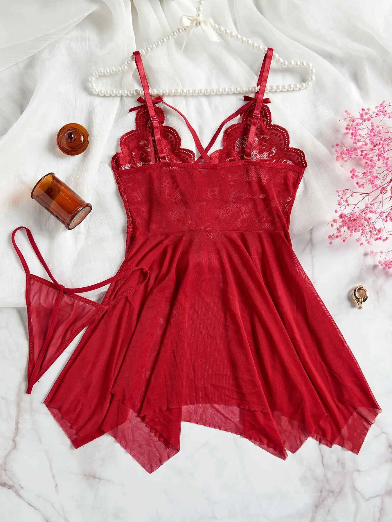 Transparent Red Sexy Lingerie Women's Underwear See Through Sleepwear Lace Nightdress And Panty Pijamas Sets Female Sexy Nighty