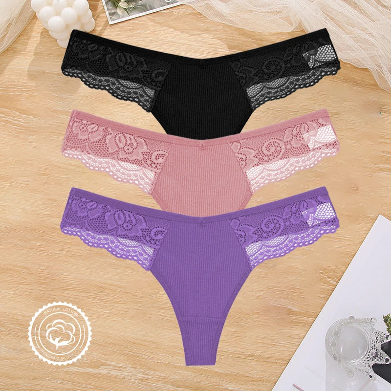 3PCS Cotton Lace Panties for Women Low Wasit Sexy Lingerie Female Soft Solid Color Underwear Hollow V Waist G-String Thongs S-XL